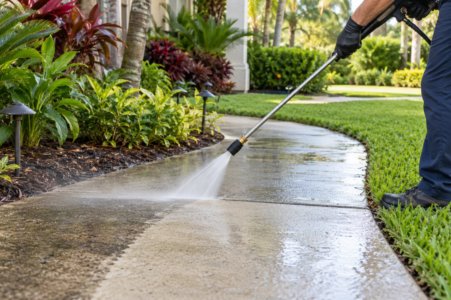 Pressure cleaning a concrete garden walkway