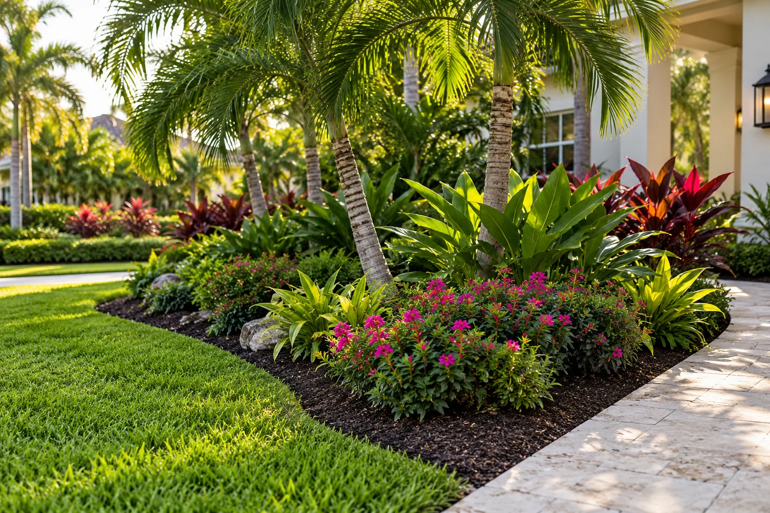 Colorful planting bed with palms and green foliage