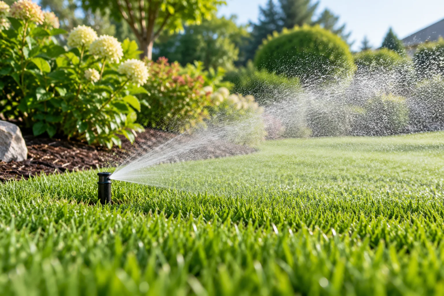 A pop-up sprinkler watering a neatly maintained lawn